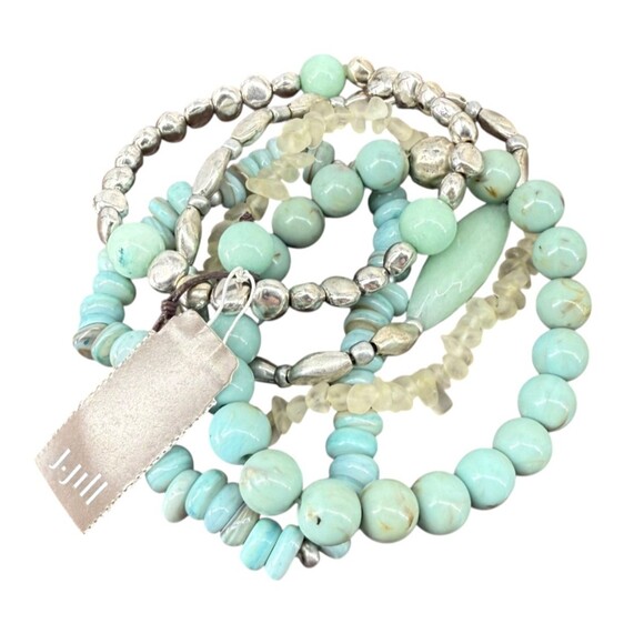 J. Jill Multi Beaded Stretch Bracelet Set Aqua Silver Tone Stackable Beachy Boho - Picture 2 of 13